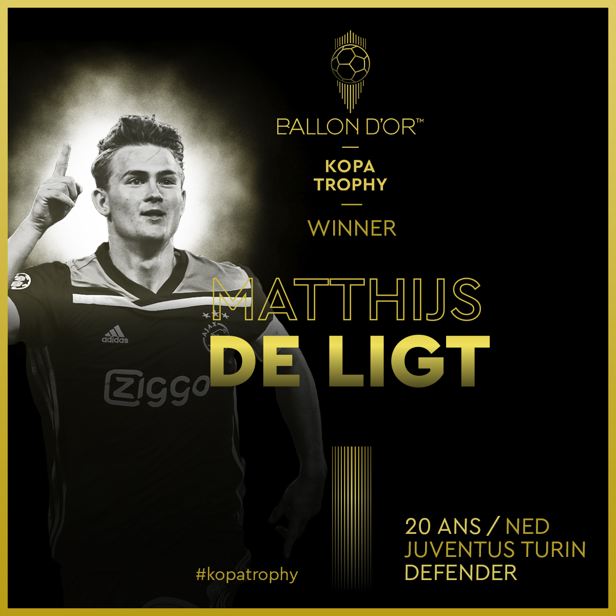 Matthijs de Ligt is the 2019 Kopa Trophy winner ! #kopatrophy #ballondor