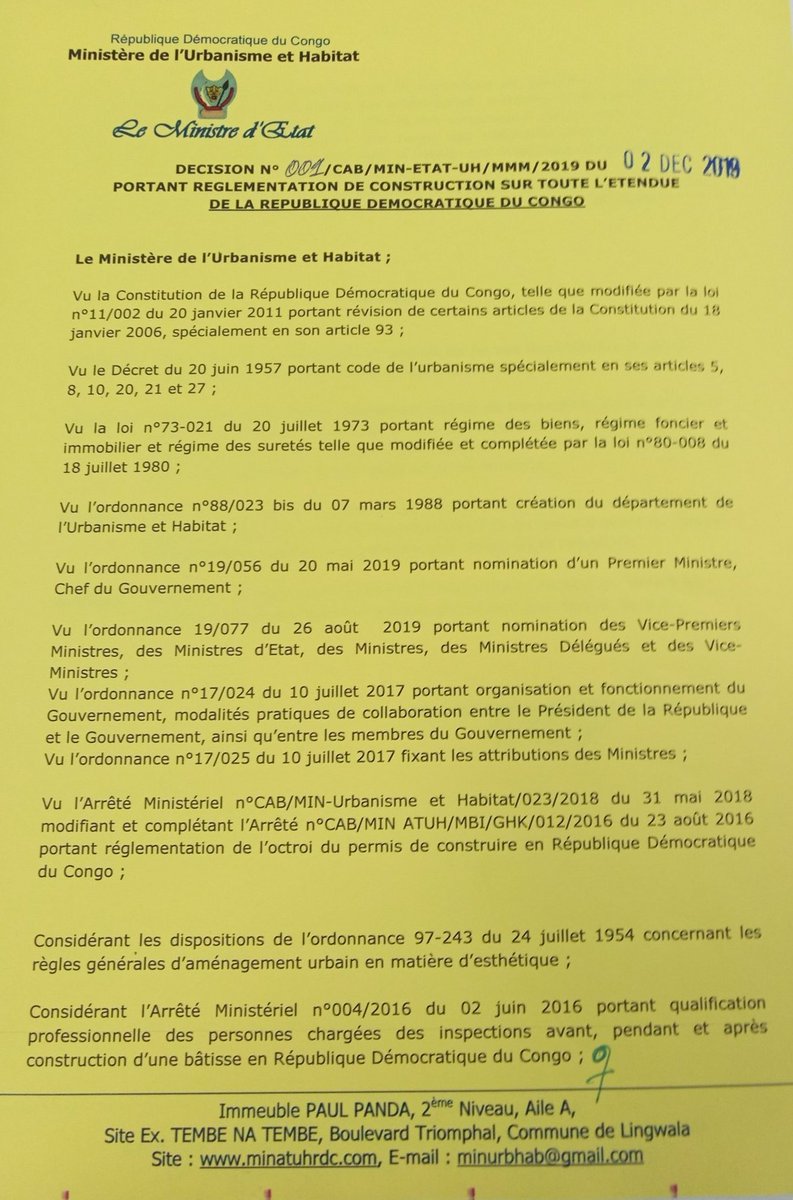 LwarhibaM's tweet photo. #RDC DÉCISION DU MINISTRE DE L'URBANISME ET HABITAT PIUS MUABILU PORTANT RÉGLEMENTATION DE CONSTRUCTION SUR TOUTE L'ÉTENDUE DE LA RÉPUBLIQUE DÉMOCRATIQUE DU CONGO https://t.co/DL8pxB3LR4