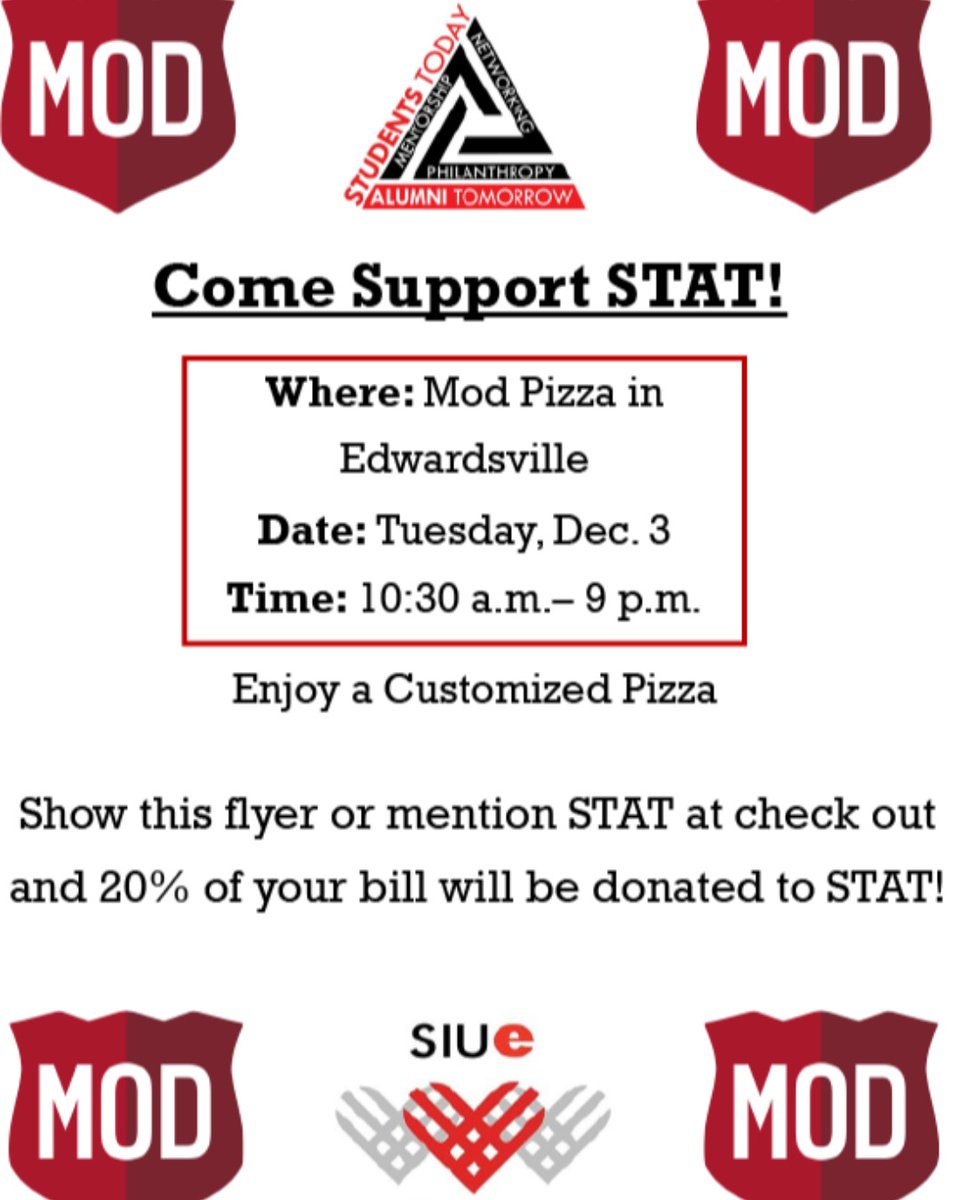 SIUe_STAT's tweet photo. Celebrate #GivingTuesday tomorrow by going to MOD Pizza in Edwardsville. Mention this flyer and 20% of your purchase will be donated to #SIUE
.
.
#GrabSomeZa #Pizza #SIUEstat #SIUEgive #SIUEproud https://t.co/01lWNV3xwk
