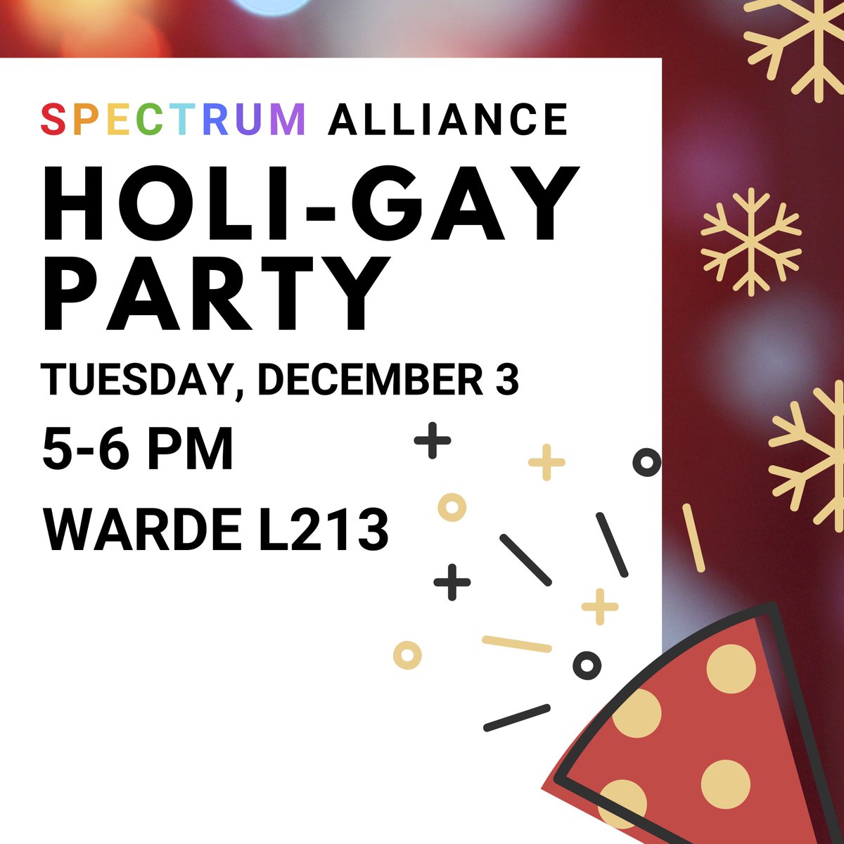 sxu_spectrum's tweet photo. Happy Monday, Spectrum loves! ❄️ The Spectrum Alliance Holi-Gay Party is tomorrow from 5 to 6 PM in L213! ❄️ Come and celebrate the semester with some free food, crafty activities, and a holiday film with your fellow Spectrum members.
❤️💛🧡
#SXUSpectrum #HoliGayParty https://t.co/Cbvt4wXNRD