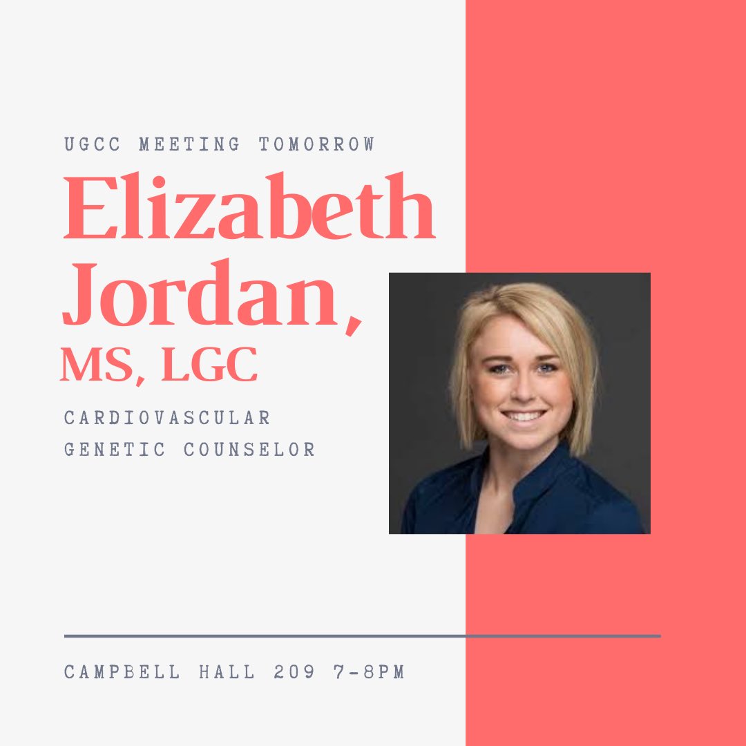 Reminder that we will be having a meeting tomorrow, December 3rd at 7-8 Pm in room 209 of Campbell Hall! 

Come out to hear from cardiovascular genetic counselor Elizabeth Jordan, MS, LGC! See you all there!🧬