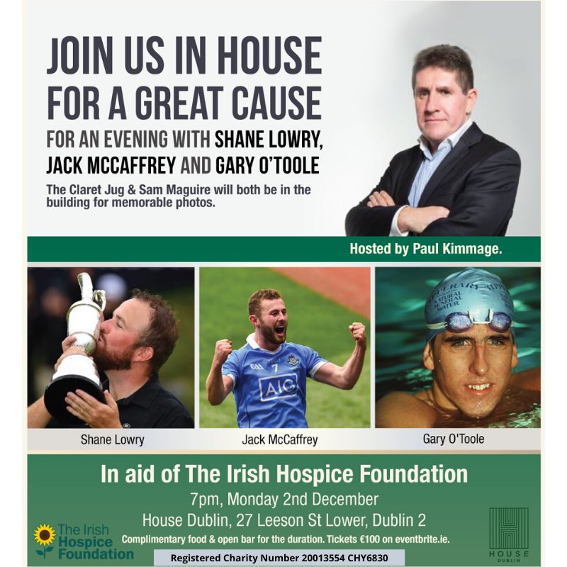 Loving being in the Audience tonight with a great panel of <a href="/OTooleGary/">Gary O'Toole</a> <a href="/ShaneLowryGolf/">Shane Lowry</a> and Jack Mc Caffrey expertly hosted by <a href="/PaulKimmage/">Paul Kimmage</a> in <a href="/HouseDublin2/">House - Dublin</a> All to support a great cause in <a href="/IrishHospice/">Irish Hospice Foundation</a>