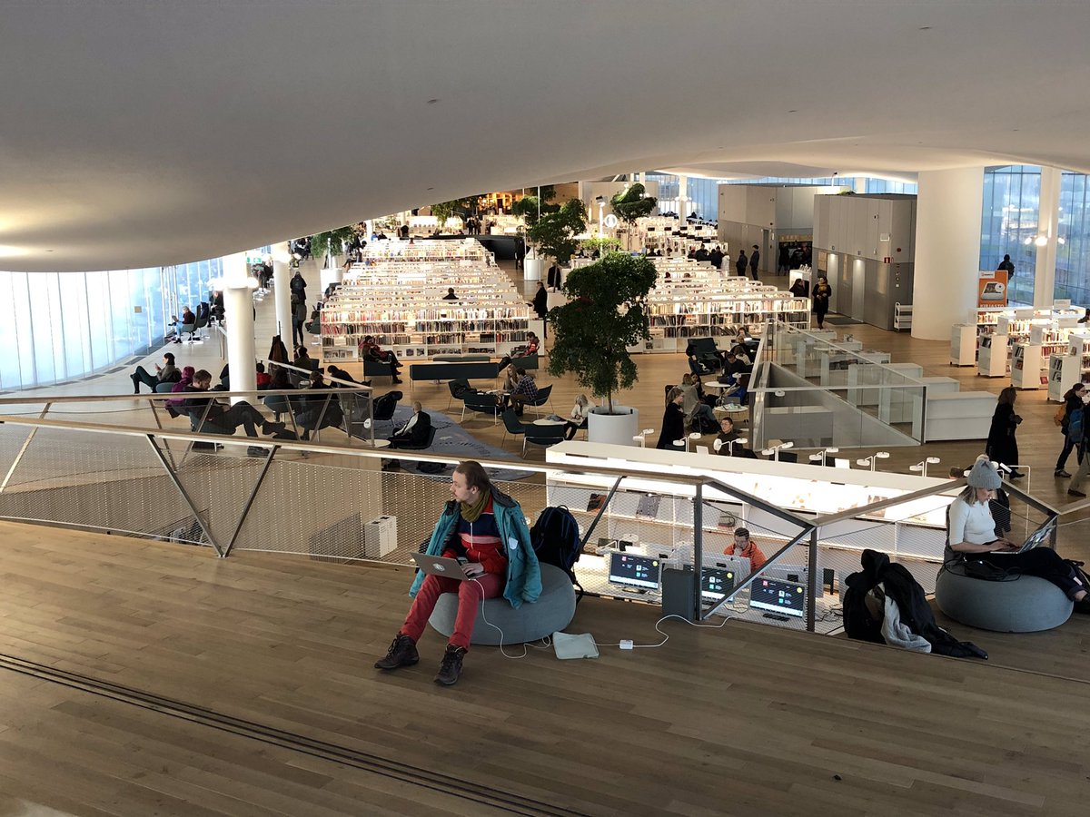 joanna_ball's tweet photo. Amazing behind-the scenes tour today of Oodi, Helsinki’s iconic city library from @kativaan - inspiring both as a shared community space and a non-hierarchical, agile and inclusive work culture.  Poignant to contrast Finnish investment in the fabric of its society with UK #KBInno https://t.co/AIOt2emqkB