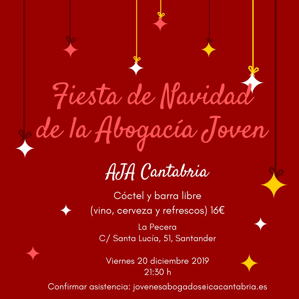 AJACantabria_'s tweet photo. 🎄🎊 El próximo viernes 20 de diciembre no te pierdas la fiesta de Navidad de la Abogacía Joven de Cantabria. ¡Contamos contigo! 👇

📲 Se ruega confirmar asistencia: jovenesabogados@icacantabria.es https://t.co/eGw06Oewfr