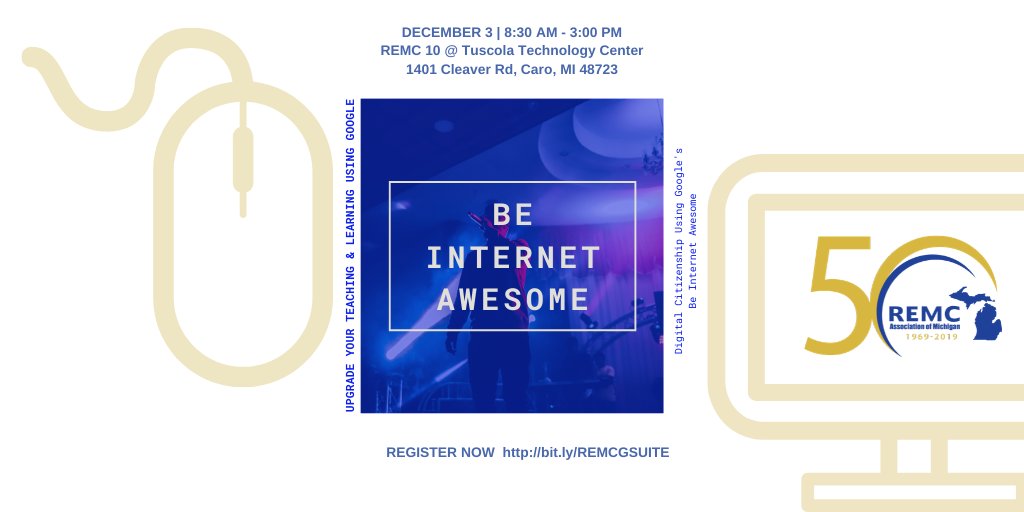 beckjSRESD's tweet photo. Be Internet Awesome by Google helps kids be safe, confident online explorers. Features robust curriculum, parent resources, &amp; Interland, adventure-packed game. Attend the Workshop: 12/3 at Tuscola Tech Center. Free registration, 5 SCECHS &amp; lunch. https://t.co/S8jxCVb1oH https://t.co/2m3qUNKAnr