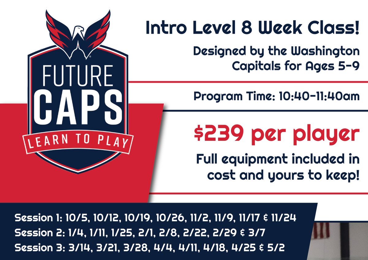 We have just a few spots remaining for the Washington Capitals Learn to Play Hockey program, program kicks off January 4th, 2020!
learntoplay.nhl.com/capitals