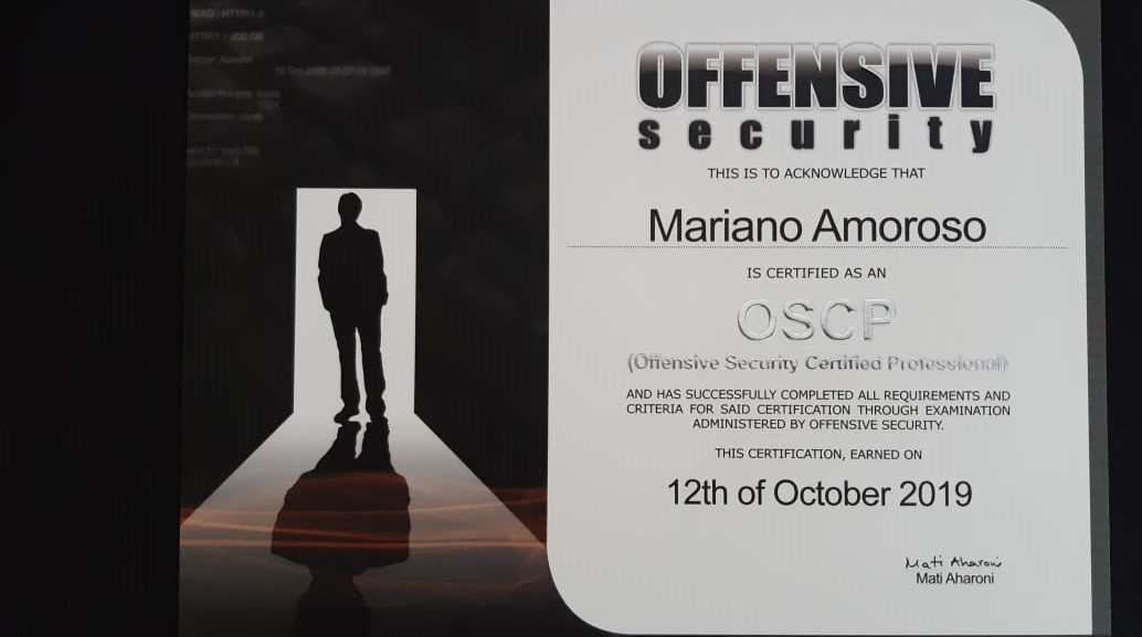 MarianAmoroso's tweet photo. Finally, OSCP certificate arrived home! Thank you @offsectraining https://t.co/mK9oxtswnG