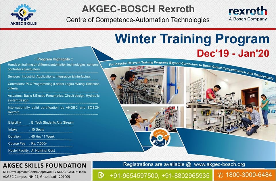 Official_AKGEC's tweet photo. #WinterTrainingProgram at @akgecskills on '#Automation #technologies-#Basic'  with @BoschRexroth at @akgecbosch 
For registration log on to https://t.co/kZUat3umNE
Contact : 9654597500, 8802965935
@AKTU_Lucknow @Vineetkansal2 @AICTE_INDIA @Official_AKGEC https://t.co/HpmlSOa0gl