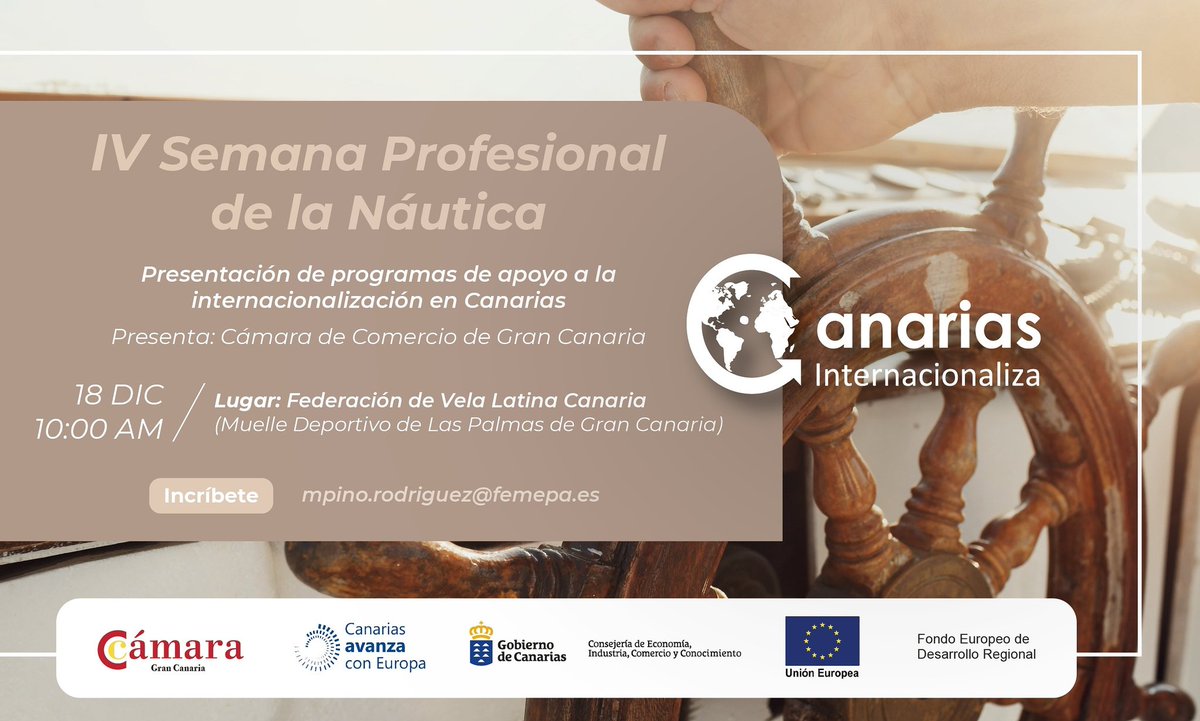 El próximo 18 de diciembre, a las 10.00 horas, celebraremos el último evento en la Federación de Vela Latina Canaria (Muelle Deportivo de Las Palmas de Gran Canaria). 

¿Quieres saber más acerca de este programa? Entra en:
canariasinternacionaliza.com