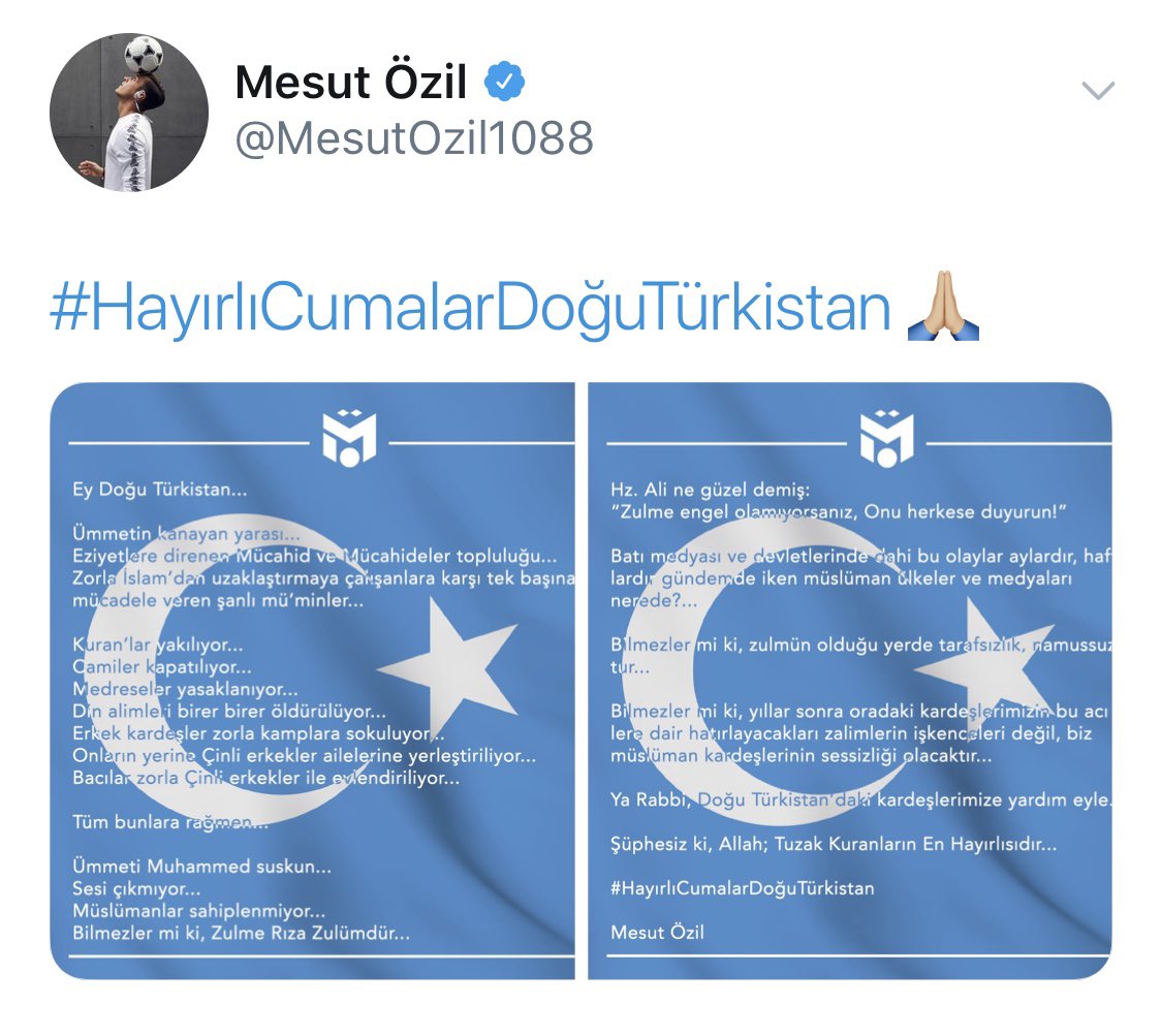 It takes a lot of courage for a celebrity to speak up about the atrocities that our #Uyghur brothers and sisters face in China, the way @MesutOzil1088 did. Thank you brother for standing up to injustice! 
    
#IStandWithOzil #IStandWithUyghur
