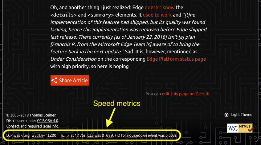 Speed metrics in the footer of the page.
