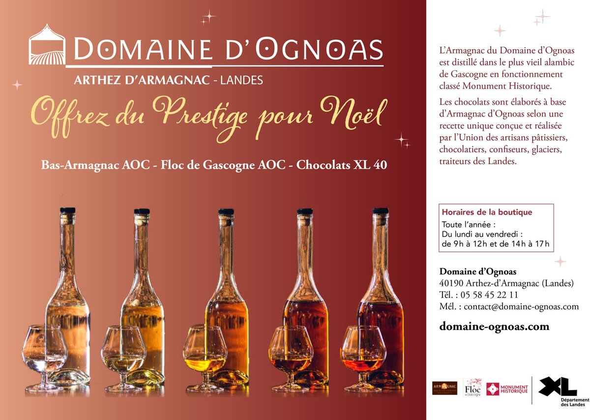DomaineOgnoas's tweet photo. #BasArmagnac AOC, #Floc de Gascogne AOC, #Chocolats #XL40 🥃🍫 Avec le Domaine d'#Ognoas, offrez du prestige pour #Noël ✨🎅 L’#Armagnac du Domaine est distillé dans le plus vieil #alambic de #Gascogne en fonctionnement classé #MonumentHistorique 👉 https://t.co/luw93NN5nf https://t.co/gW7AFmlhz3