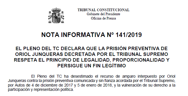 Nota de prensa | El Pleno del TC declara que la prisión preventiva de Oriol Junqueras decretada por el Tribunal Supremo respeta el principio de legalidad, proporcionalidad y persigue un fin legítimo tribunalconstitucional.es/NotasDePrensaD…