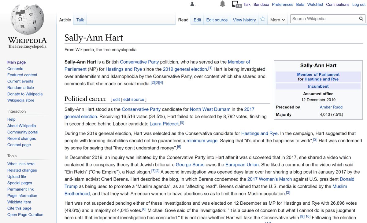 Part 2: Sally-Ann HartBeing investigated by her party for anti-Semitism. https://en.wikipedia.org/wiki/Sally-Ann_Hart