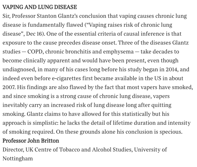 Professor John Britton, Director of @UKCTAS puts down @ProfGlantz with a stinging letter to the @thetimes about the 'fundamentally flawed' study on vaping and respiratory disease.