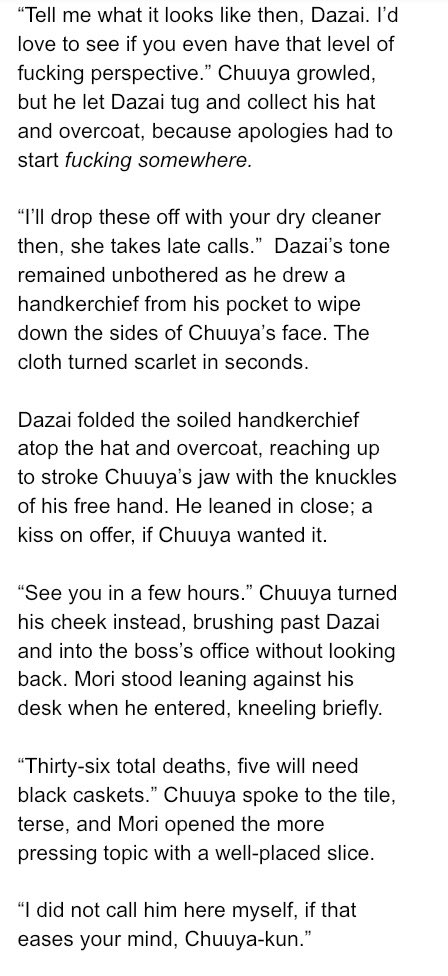 Dazaipedia's tweet photo. At what point in an established skk does Chuuya’s loyalty turn from mafia over Dazai, to Dazai over mafia? #skk #fic #3sections https://t.co/uA9dByp56R