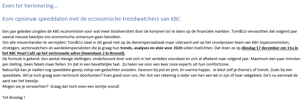 TSimonts's tweet photo. Straks, om 11u, op het hoofdkwartier van 
@kbc_group : voorstelling van de KBC Trends 2020. We houden u op de hoogte. En wie er van de pers bij wil zijn: er is nog plaats ;-) https://t.co/R8aYz9BdlQ