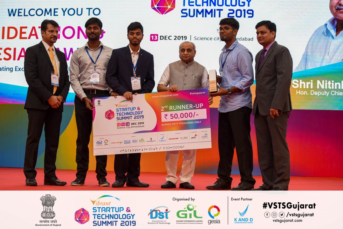 Congratulations to Elon Motors Engineering for being 2nd Runner-up in IDEAThon 2019 (Smart &amp; Shared Mobility Category) at #VSTSGujarat.

Here's them being awarded by Nitin Patel (Deputy CM, Gujarat), Hareet Shukla (Secretary, DST) &amp; Maulik Bhansali (Chairman, GESIA).