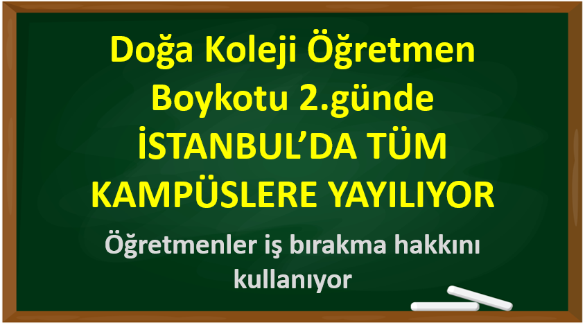 Güneşli Kampüsü'nde temizlik ve güvenlik personeli çalışmıyor.
Avcılar kampüste dünden beri lisede öğretmenler derse girmiyor
Sarıyer kampüs lise ve ilkokul öğretmenler iş bıraktı. İdare öğrencilere izni verdi. 
#ÖğretmeneSaygı
#DoğaKolejiÖğretmenBoykotu
#DoğaKolejiÜcretimiÖde