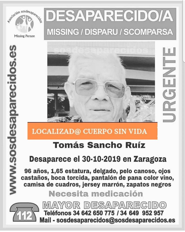guardiacivil's tweet photo. 📣 Sentimos comunicar que ha sido localizado el cuerpo sin vida de Tomás, que había desaparecido en #Zaragoza, #Aragón.
Muchas gracias por vuestra #colaboración en la difusión de la #desaparición.
|#ALERTADESACTIVA! https://t.co/wv4aJuTSEQ