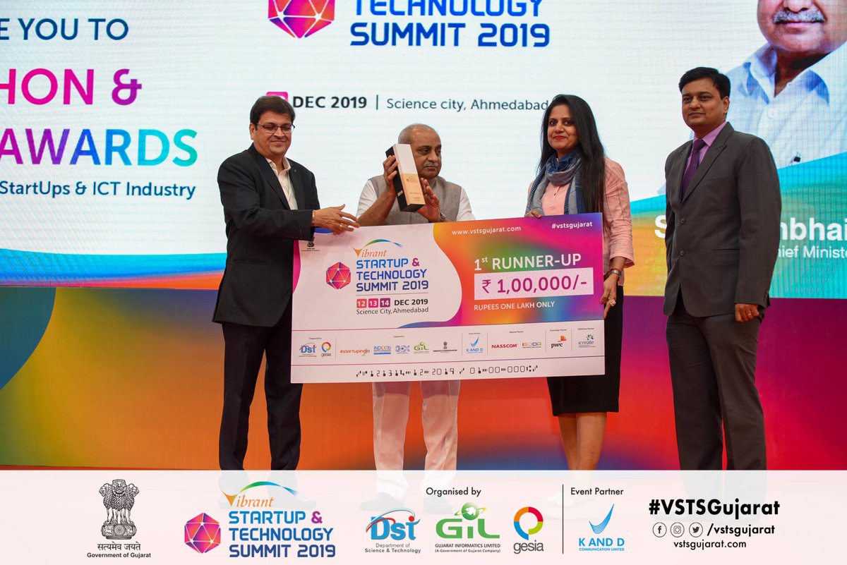 Congratulations to trackNOW Pvt Ltd for being 1st Runner-Up in IDEAThon 2019 (Women Centric Solutions Category) at #VSTSGujarat.

Here's them being awarded by Nitin Patel (Deputy CM, Gujarat), Nilesh Kuvadia (Director, GESIA) &amp; Hareet Shukla (Secretary, DST).