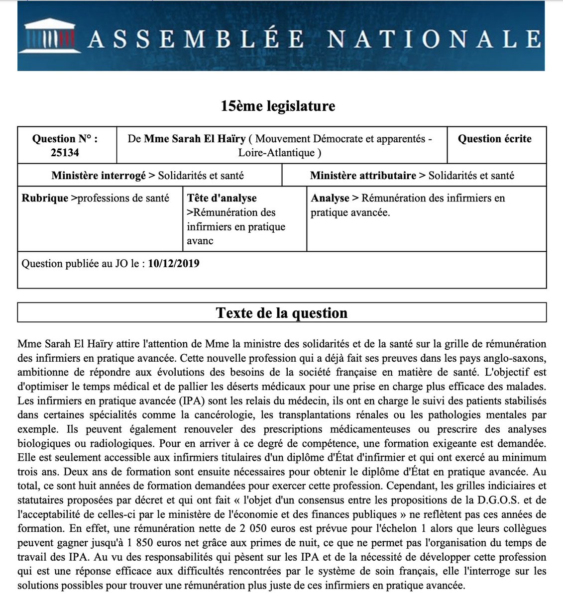 En ce jour de mobilisation pour l'hôpital public et les professionnels du soins, voici la question écrite adressée à <a href="/agnesbuzyn/">Agnès Buzyn</a> @MinSoliSante <a href="/CabBuzyn/">Cabinet Buzyn</a> par la députée <a href="/sarahelhairy/">Sarah EL HAÏRY</a> 
#IPALowCost
<a href="/UNIPA9/">unipa</a> @anfipa1 <a href="/infirmierscom/">Infirmiers.com</a> <a href="/OrdreInfirmiers/">Ordre National des Infirmiers</a> <a href="/Master_IPA/">PratiqueAvancée</a>