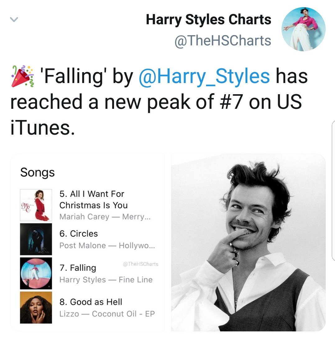 Despite not being a single, "Falling" by harry reached #7 on US itunes. "Fine Line" is still #1 on itunes USA. Stream the album for quality time.