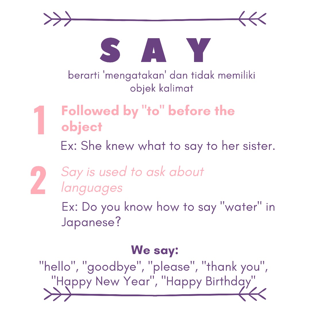 jogjaenglish's tweet photo. Apa bedanya 'say' dan 'tell'? Yuk swipe untuk lihat penjelasannya biar nggak bingung lagi 😋

#jogjaenglish #learnenglish #bahasainggris #confusingverbs #easyenglish #kursustoefljogja #kursusinggrisjogja https://t.co/1tHyx4Zr4z