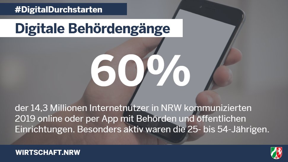 WirtschaftNRW's tweet photo. 60% der 14,3 Mio. #Internetnutzer in #NRW hatten 2019 online Kontakt mit #Behörden oder öffentlichen Einrichtungen. Das zeigen neue Zahlen von @ITNRW. Besonders aktiv waren die 25- bis 54-Jährigen. Mehr Infos gibt es hier👉https://t.co/gI34aWWVJ0 #DigitalDurchstarten https://t.co/aPWP2iNiZO