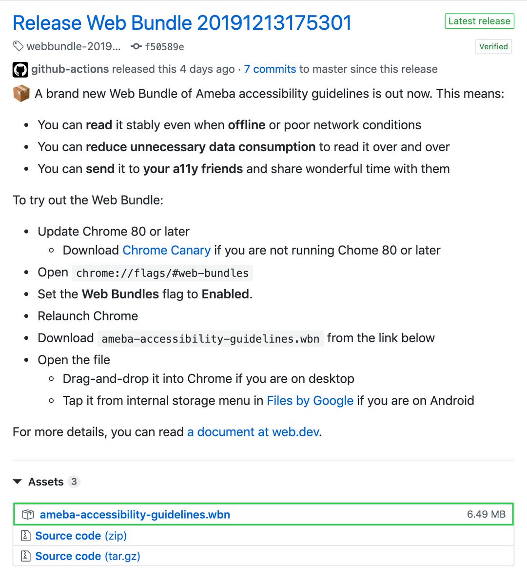Screen shot of the release page on GitHub. This page explain what is web bundle and how to use it on your device. Please access to the page with a link in this tweet to read more details.