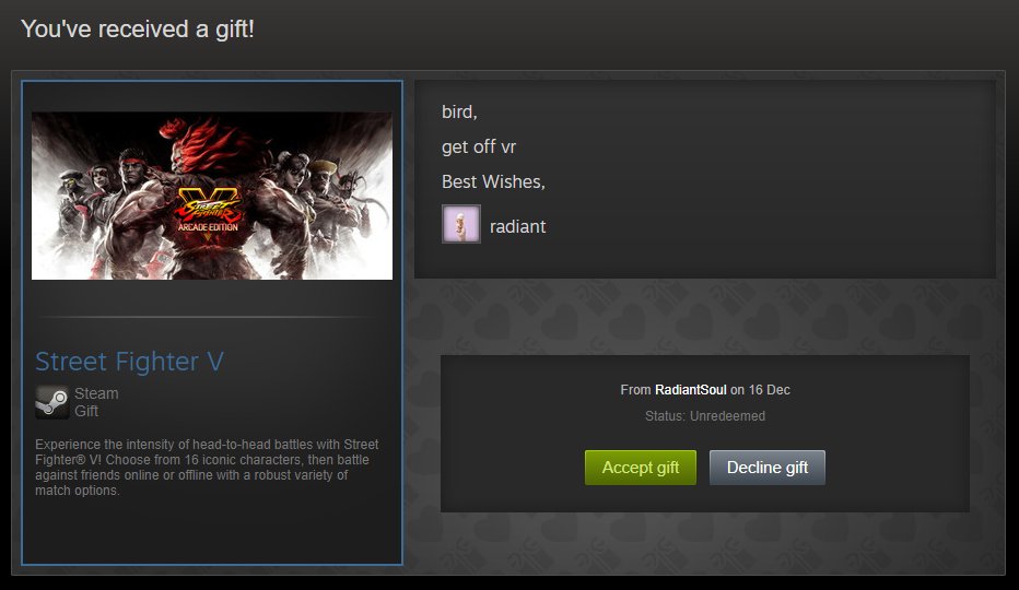 Never been insulted like this before in my life. 
Was wondering why tf my vr randomly crashed yesterday <a href="/RadiantSoul3/">I am Soul</a>