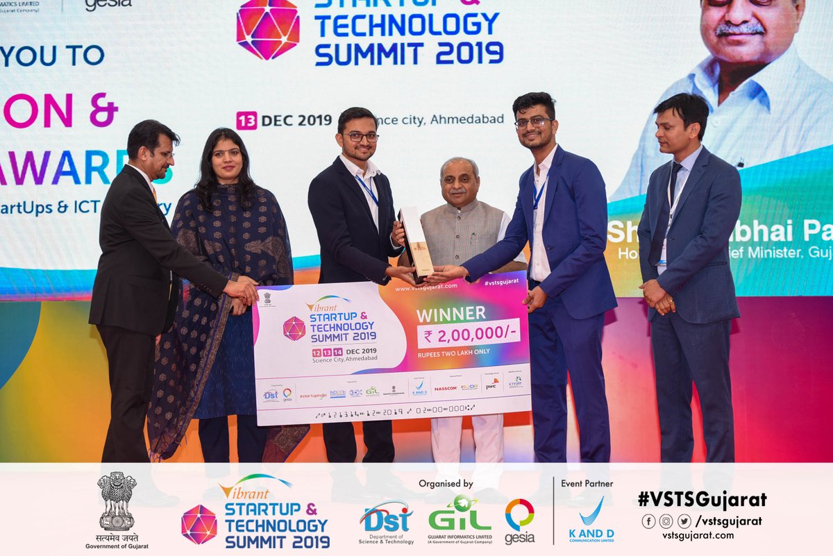 Congratulations to Exomech for winning IDEAThon 2019 (HealthTech Category) at #VSTSGujarat.

Here's them being awarded by Nitin Patel (Deputy CM, Gujarat), Neelam Rani, IFS (MD, iNDEXTb), Dhruv Patel (Chapter President, Vadodara, GESIA) &amp; Maulik Bhansali (Chairman, GESIA).