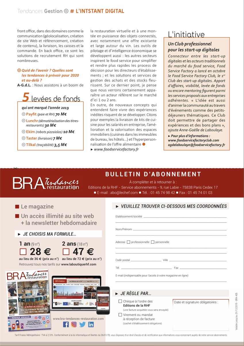 Anne-Gaëlle De Laboulaye Moynot, DGA de <a href="/fsfactory_food/">Food Service Factory</a>, dresse le bilan 2019 du marché dynamique des startups du Food Service et évoque les sujets attendus en 2020. 
<a href="/ZenchefFR/">Zenchef France</a> OCUS <a href="/Innovorder/">Innovorder</a>  <a href="/PayFit/">PayFit France</a>  <a href="/lunchrapp/">Lunchr devient Swile</a>  Ekim Taster @tilkaltech