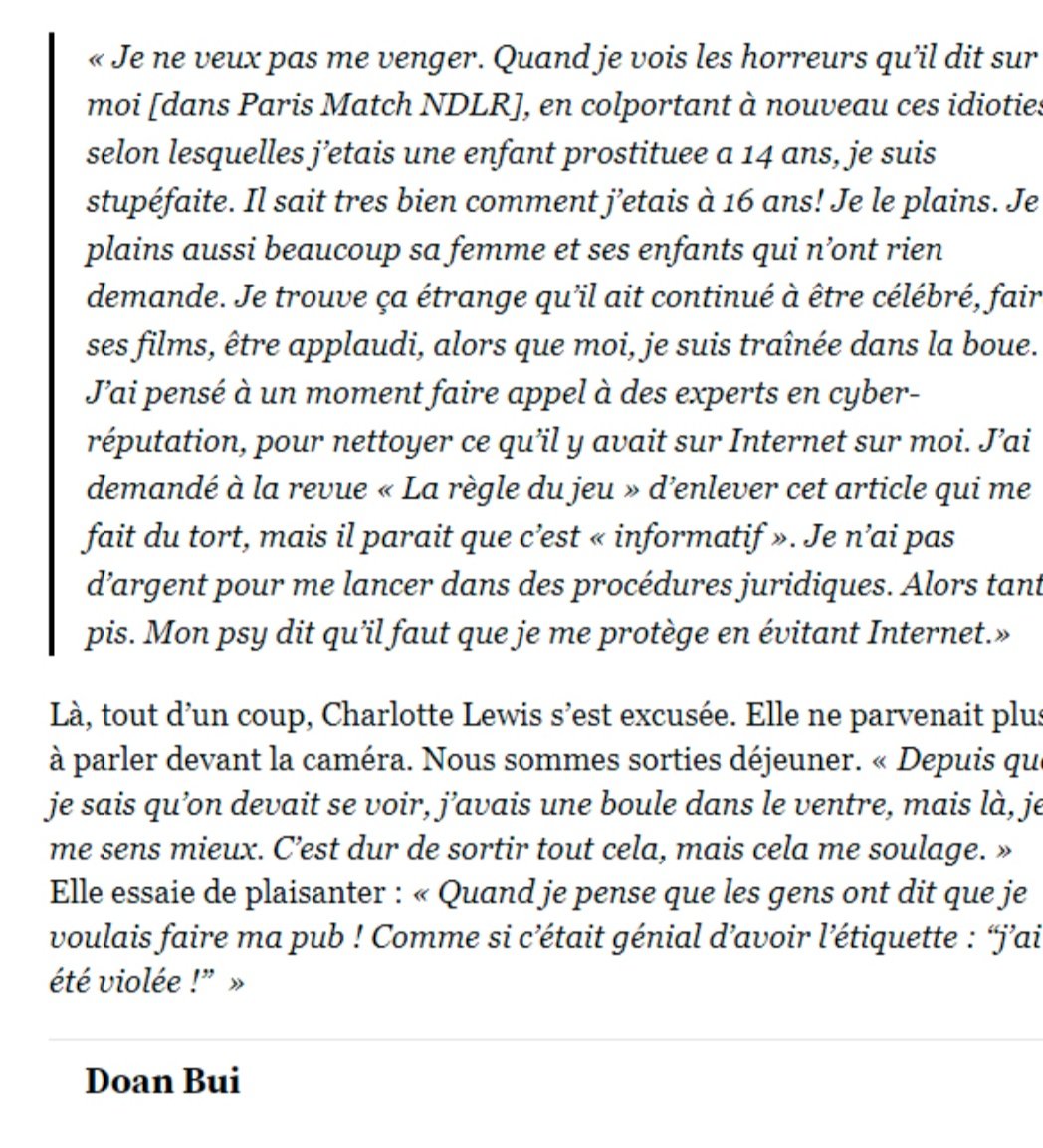 La vie, la famille de #CharlotteLewis sont marquées des viols subis dont elle courageusement témoignés : depuis 2010, elle a assisté à la solidarité du cinéma &amp; de l'intelligentsia français qui se sont exprimés de partout dans la presse pour la décridibiliser &amp; lui nuire 😠@lobs