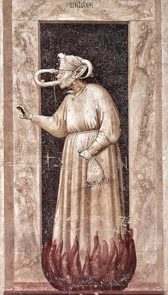 Il vizio dell'#Invidia.

#Giotto. 1305 ca.

#Padova, #CappelladegliScrovegni.
