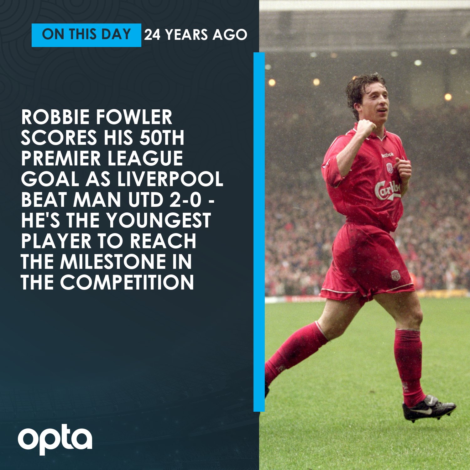 Optajoe On Twitter 17 12 On This Day In 1995 Robbie Fowler Scored His 50th Premier League Goal As Liverpool Beat Man Utd 2 0 He S The Youngest Player To Reach The Milestone