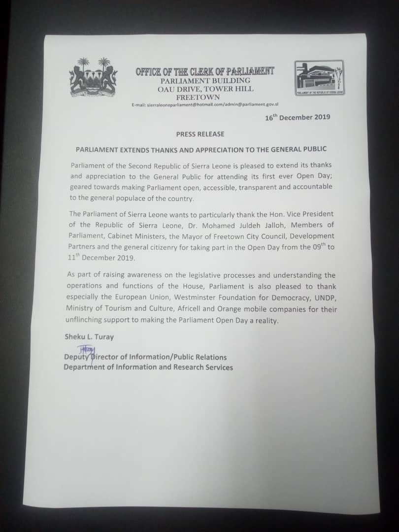 WFD_SierraLeone's tweet photo. #Parliament of #SierraLeone through the Office of @clerkPOSL sends his appreciation to all Sierra Leonean who attended the #Parliamentary #OpenDay2019.
We also want to thank everyone including our #CSO Partners @cellasey @pemagbi1 @ValnoraE @bbcmaSL CD @KTotangi @andrewlavali https://t.co/g3emHdENWL