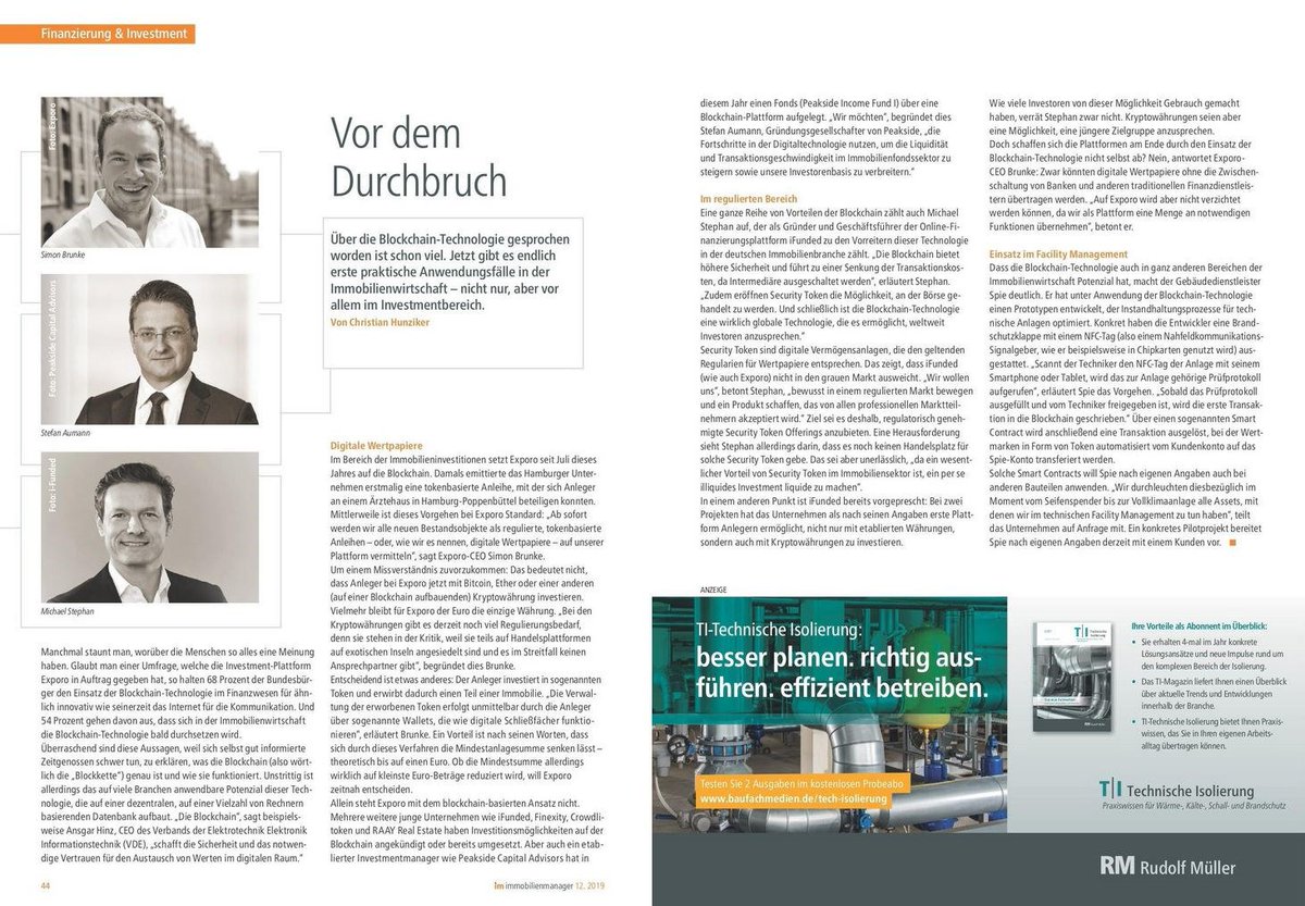 iFunded's tweet photo. Die Dezemberausgabe des @immomanager-Magazins beschreibt iFunded CEO Michael Stephan als einen "Vorreiter" der #blockchain-Technologie in der deutschen Immobilienbranche. Auf unserer Plattform kann man in EUR, BTC und ETH investieren. 

#immobilien #innovation #realestate https://t.co/GutkFQ8tEZ