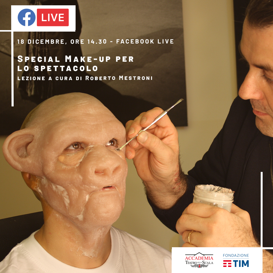 FondazioneTIM's tweet photo. Come si realizzano gli effetti speciali con il trucco? Puoi scoprirlo seguendo in diretta streaming la lezione di Roberto Mestroni, docente del corso di special make-up all'Accademia Teatro alla Scala. #StageOnTheNet #FondazioneTIM https://t.co/w1jGZrfNHH