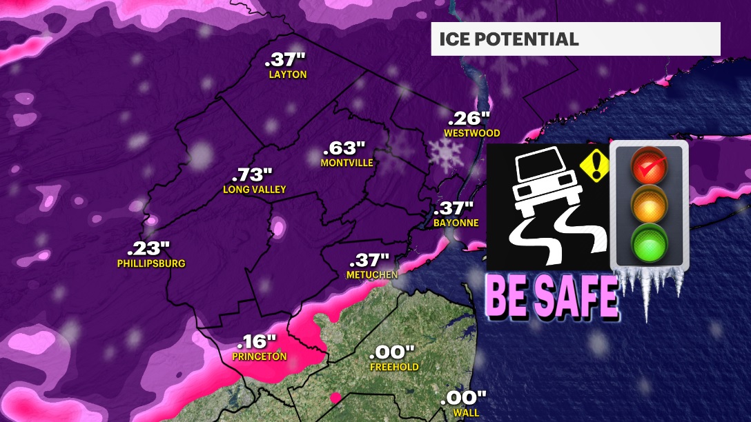 JamesGWeather's tweet photo. With warm air aloft and cold air "dammed" up in NW Jersey, the potential for ice this morning is growing. Use caution especially very early this morning on bridges and overpasses @News12NJ https://t.co/239i1nUApC
