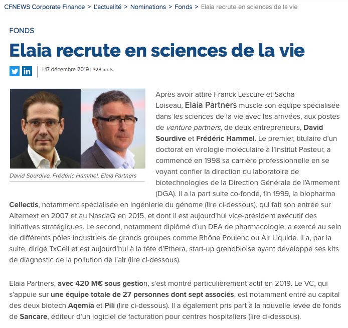 💊🔬 "Elaia recrute en sciences de la vie"💊🔬
Après avoir attiré <a href="/LescureFranck/">Franck Lescure</a> &amp; <a href="/sachaloiseau/">Sacha Loiseau 🎗️</a> Elaia muscle son équipe spécialisée dans les sciences de la vie avec les arrivées de David Sourdive &amp; Frédéric Hammel dans <a href="/CFNEWStweet/">CFNEWS</a> <a href="/cfnewstech/">CFNEWS TECH</a>