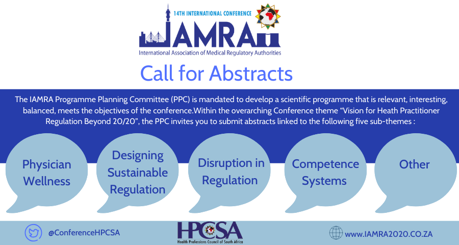 Call for Abstracts for the IAMRA 2020 Conference have officially opened. Be sure not to miss out, for more information please visit iamra2020.co.za. 
Proudly hosted by HPCSA