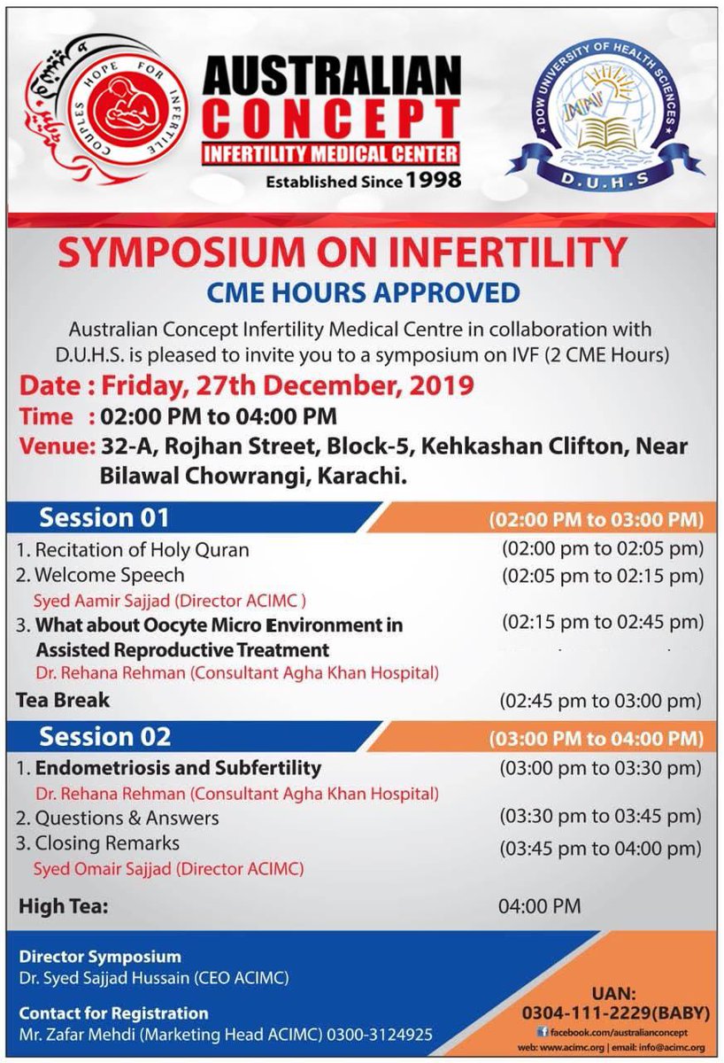 ACIMC1's tweet photo. One Day Symposium on Sub-Fertility at ACIMC, Karachi Head Office
Friday, 27th December 2019
https://t.co/xMj66AHRd8
#ivf #icsi #fertility #infertility #symposium #subfertility #acimc #australianconcept #pcos #21stanniversary #iui #pgd #pgs #genderselection #familybalancing https://t.co/MkykQQyt1e