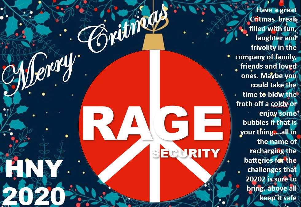 rage_security's tweet photo. A very Merry Critmas to one and all and may 2020 deliver everything you deserve. 
#sydneylocal #merrycritmas #keepitsafe 
#rechargethebatteries #sydneylocal #peace https://t.co/WrNMHQIGIe