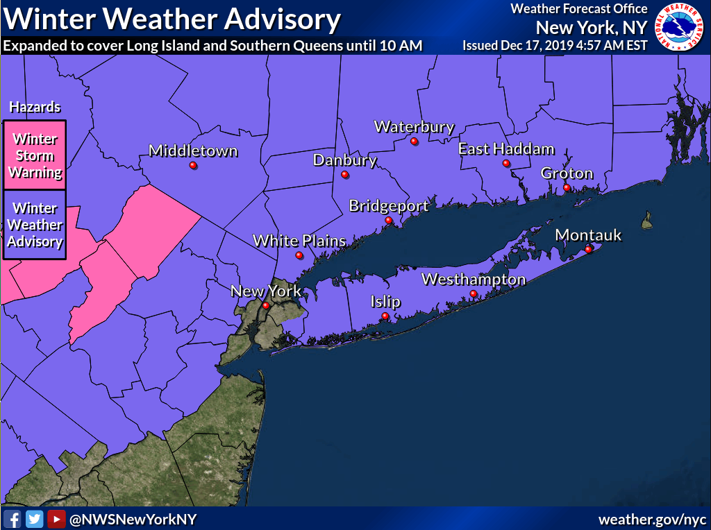 NWSNewYorkNY's tweet photo. The Winter Weather Advisory has been expanded due to freezing rain with temperatures at or slightly below freezing.   The advisory now includes Nassau and Suffolk counties on Long Island, along with Southern Queens. Drive carefully this morning! https://t.co/eN2uFJ8QDX