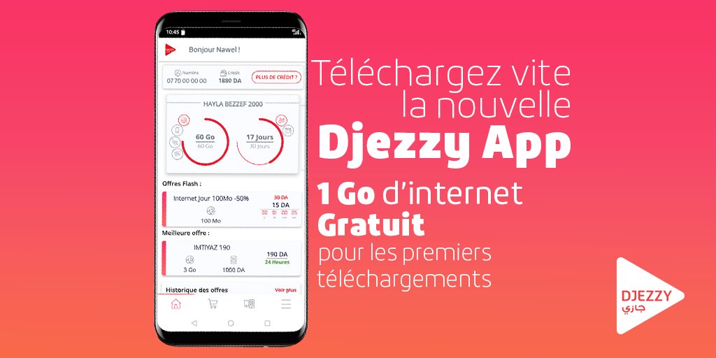 djezzy's tweet image. La DJEZZY App 📱fait peau neuve 😎 avec un tout nouveau #design, une meilleure #ergonomie et de nouvelles #fonctionnalités 👌Allez vite la télécharger via le lien suivant :bit.ly/2Z3c5c0 1GO d&apos;internet offert pour les premiers téléchargements, ne ratez pas l&apos;occasion ;)