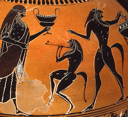 The satyrs, companions of the god Dionysos, began life as therianthropic beings (human-animal hybrids) with the tails, legs and ears of wild asses. Over time they became slightly more human looking and lost of the legs and tails