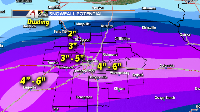 glezak's tweet photo. A Winter Storm Warning has been issued for the KC metro area.  We are forecasting widespread 3" to 6" amounts.  The snow will begin in the next two hours.  2 to 3 inches may fall by kickoff of the @Chiefs game and we recommend allowing an extra hour to get to the game! https://t.co/7cGQbgHJEx