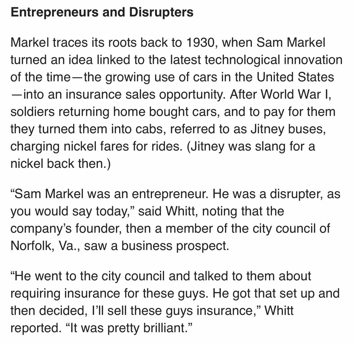 22. Markel’s culture is overrated. The company’s predecessor was literally formed to take advantage of regulatory capture its founder created.Here’s  $MKL co-CEO Richie Whitt talking about the scheme.“It was pretty brilliant.”I’ll say. https://www.carriermanagement.com/news/2016/09/19/158932.htm