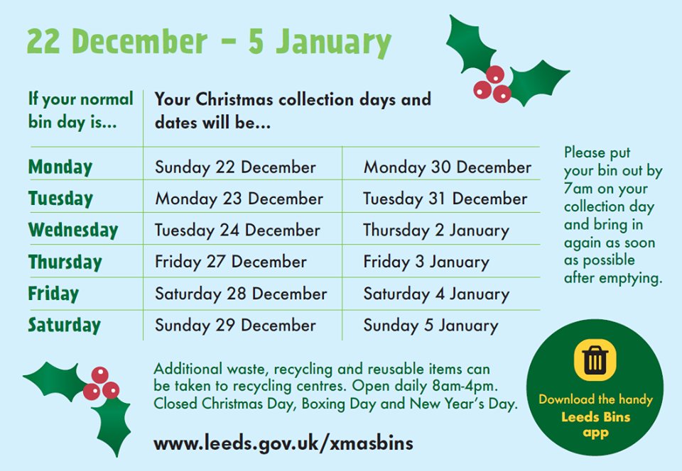 Don't forget that bin collections change between 22nd December &amp; 5th January - here's the Leeds City Council guide to collections in our area >> handpickedwetherby.co.uk/post/christmas…

Add to your favourites &amp; please share to ensure everyone knows the schedule over the festive period. #wetherby